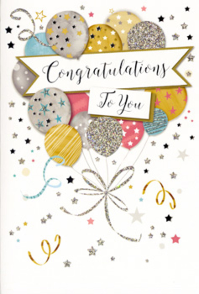 The congratulations card in this image feels like a refined celebration captured on paper, the visual equivalent of a cheerful toast in a cosy Hook living room. At its heart, a generous cluster of balloons in metallic tones of gold, silver, champagne, sky blue, blush pink, and pale grey floats upward, layered so they appear almost three-dimensional. Each balloon carries delicate detailing: some are sprinkled with tiny twinkling stars, others shimmer with fine glitter, while a few show slender stripes that catch the light. The balloon strings, rendered in elegant strokes of gold and silver, swoop downward in graceful loops before gathering together, much like the tailored ribbon work on a hand-tied bouquet. Threading through the centre is a soft, unfurling banner, gently arched, bearing a Congratulations message in fluid, stylish script that suggests sincerity and admiration. Around this focal point, the background is alive with miniature metallic stars, curling ribbons, and small dots of confetti, like the scattered joy of a celebration after exams are passed or a promotion is secured in one of Hook's local offices. The palette feels airy and luminous, with no harsh edges, making the card suitable for many milestones-from weddings and engagements to new homes or retirements. Imagining it paired with a fresh arrangement delivered across Hook, perhaps to a home near the station or close to Hartletts Park, you can sense how the combination of flowers and this card would elevate the occasion. The whole design strikes a balance between playful and polished, timeless and modern, leaving a lasting impression of warm congratulations.