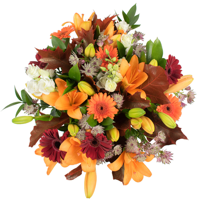 A lush, expertly arranged autumn bouquet seen from slightly above, its dense, rounded silhouette set against a stark white backdrop to showcase every warm tone and texture. Prominent orange Asiatic lilies bloom with wide, graceful petals, joined by many unopened buds in green and apricot that hint at unfolding life. Bright orange Gerbera daisies and deep burgundy-red gerberas punctuate the composition with joyful contrast, while soft, ivory Lisianthus offer ruffled, calming highlights. Wispy clusters of purple-grey Astrantia add intricate, star-like detail, creating depth and movement among the bolder flowers. Broad, deeply lobed leaves in reddish-brown and chestnut are woven through the stems, echoing the look of fallen leaves collected from Hook Common and nearby footpaths, and are set against fresh green foliage that injects vitality into the palette. The bouquet feels freshly gathered and carefully hand-tied, a tactile mix of satiny petals, crisp foliage and delicate filler that catches the light and invites touch. This seasonal design from Flower Delivery Hook is well suited to autumn dining tables, harvest centrepieces, or as a comforting gift for someone who loves the changing season; locally available for delivery across Hook and to the station area, it carries the warm, abundant character of harvest time in every bloom.