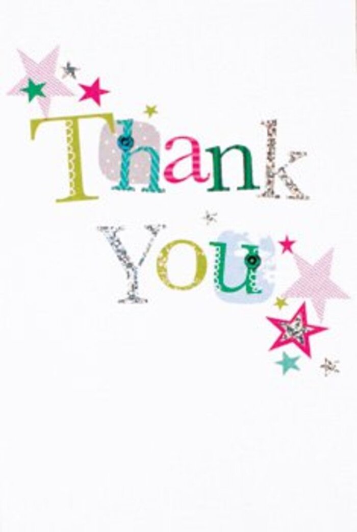 The elegance of this thank you card lies in its harmonious blend of whimsy and sophistication, reflecting Hook's welcoming community spirit. Across a flawless white backdrop, the words 'Thank You' shimmer in distinct personalities-some letters playful with patterned dots or lively curves, others bringing a mellow, almost musical elegance shaped in vivid tones of green, pink, and blue. Hints of silver catch the light like morning dew on Hook's cherished gardens, while thick teal and fuchsia stars cluster nearby, bestowing a burst of joyful energy. The composition is unstuffy and modern, with just enough sparkle to feel festive yet reserved, suitable for an array of thankful occasions. Scattered stars lend a sprinkling of celebration, reminiscent of fireworks above local events or a child's laughter drifting from Hook Infant School. This card would rest beautifully beside a seasonal bouquet, its understated grace and heartfelt mood as uplifting as a friend's thank you after a thoughtful delivery. It turns a simple gesture into a memorable moment, blending artistry with honest appreciation.