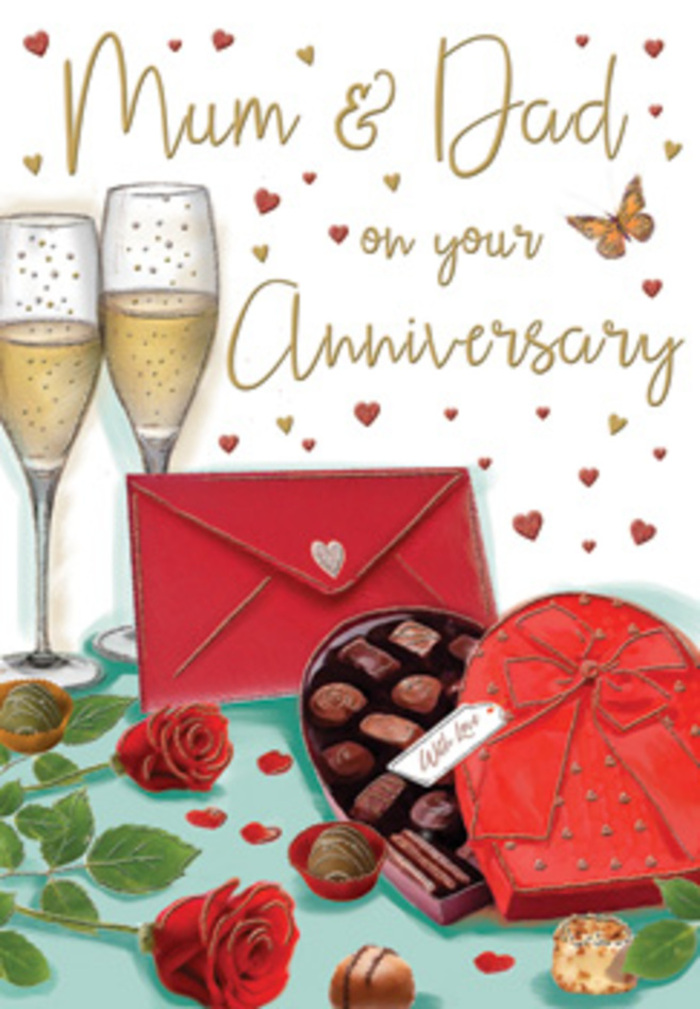 The scene on this anniversary card is illustrated like an intimate celebration set up in a Hook dining room, full of rich reds, warm golds, and soft light. At the heart of the design are several deep red roses, their petals thick and velvety, drawn with the same care a florist uses when selecting the perfect stems for an anniversary bouquet. They rest against lush green leaves that add depth and freshness, echoing the look of flowers just brought in from a nearby Hook garden or delivered from a local shop. Positioned in front of the roses is a heart-shaped box of chocolates, its lid tipped open to reveal rows of smooth, glossy truffles nestled in dark little cups. A wide, luxurious red ribbon wraps the box, tied into an elegant bow that spills gracefully onto the table surface. Behind this, two tall champagne flutes stand close together, filled with sparkling, golden champagne. Tiny bubbles catch the light, suspended as if in mid-toast, capturing the magic of an anniversary evening when time seems to slow. Scattered across the background are delicate gold and crimson hearts, soft and weightless, drawing the eye towards a hand-lettered message for Mum & Dad that feels personal and heartfelt. Nearby, a striking scarlet envelope lies ready to be opened, suggesting a handwritten note full of gratitude, memories, and quiet promises. A few chocolates are drawn outside the box, adding a sense of relaxed indulgence. The overall composition radiates warmth and reassurance, like a cosy celebration shared at home in Hook after a special doorstep delivery, where the scent of roses mingles with chocolate and the sound of gentle laughter fills the room.