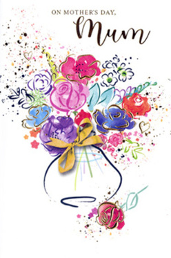 Mother's Day card design featuring a vibrant watercolour bouquet that seems to blossom from the page, echoing the lively gardens and hedgerows around Hook. At its heart, vivid pink and magenta roses or rose-like blooms unfurl in loose, painterly swirls, each petal edged with richer pigment where the artist's brush first landed. Around them, soft blue and lavender flowers float in gentle clusters, cooling the palette and giving the eye places to rest, much like stepping from the bustle of Hook's High Street into a quiet, shady lane. Traceries of gold ink highlight the curves of petals and leaves, adding a suggestion of luxury without overwhelming the delicacy of the watercolour washes. The background remains clean and bright, allowing splashes of cerise, lilac, and indigo to burst outward in carefree arcs, as though the bouquet were caught in a moment of joyful movement. A simple vase, loosely rendered in pale tones, anchors the composition; its base is wrapped with what appears to be a golden ribbon, tied in a graceful bow that hints at a lovingly prepared gift ready for delivery to a mum in Hook or the nearby villages. Tiny heart shapes and scattered paint flecks gather near the edges, like confetti or petals tossed in quiet celebration. The overall mood is affectionate and hopeful, a visual expression of thanks and comfort, capturing the way a thoughtfully chosen floral card can say, "You are cherished," even before a single word inside is read.