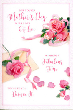 This Mother's Day card design resembles a florist's workbench just after arranging a bouquet for a family in Hook, with pink roses and petals strewn artfully across a crisp white surface. The roses are lush and full, painted or printed with such lifelike detail that you sense the velvety layers, from pale blush at the outer edges to richer pink tones pooling toward the heart of the blooms. Clusters of roses gather in corners and along the sides, never overwhelming the space, leaving room for breath and light. Between them, individual petals lie scattered as though a finished arrangement has been gently adjusted, each petal curling slightly, catching a hint of soft shadow. A delicate ribbon in a coordinating pastel pink meanders through the largest cluster of roses, its satin loop echoing the rounded curves of the blossoms and adding a touch of celebration. At the centre, elegant, flowing script carries a loving Mother's Day greeting, the letters sweeping like gentle brushstrokes against the white background. The lighting is calm and even, reminiscent of a quiet spring afternoon in a Hook sitting room, lending a serene, almost dreamy quality to the scene. There is no clutter, no harsh colour, just the calm romance of pink roses, evoking their familiar fragrance and the comforting sense of being cherished. It feels like a card chosen carefully to accompany breakfast in bed or a surprise bouquet delivered to a doorstep, speaking softly of gratitude, affection, and well-deserved rest for a much-loved mum.