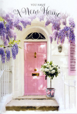 This image captures a peaceful new-home doorway in Hook, styled as if a local florist has just finished adding the final touch before the owners arrive. At the heart of the composition is a whimsically painted pink front door, the kind you might spot on a tucked-away street near Hook station, radiating a warm, gentle glow against simple whitewashed walls. Overhead, lush strands of wisteria cascade in feathery lavender clusters, tumbling over the frame like a living curtain. Each blossom seems to sway lightly, creating an impression of soft movement and filling the imagined air with a light, sweet fragrance. At the doorstep, a chic, weathered metal bucket overflows with creamy white roses and subtle green foliage, each rose fully open, layered, and luxuriously plush. A blush pink ribbon, tied in a loose yet deliberate bow around the bucket, brings the eye back to the door and unifies the pastel tones. Sunlight filters through the wisteria, scattering dappled shadows across the stone steps and pale façade, giving the entrance a dreamy, almost painterly quality. The flowers look freshly arranged, as though they have just arrived by same-day delivery from a nearby Hook florist, meant to greet the homeowners with a fragrant surprise. Emotionally, the scene feels like the quiet pause before the first box is carried inside: a blend of optimism, gratitude, and tender excitement, with each petal and leaf softly announcing congratulations on a new chapter and the promise that this house will soon become a true home.