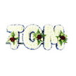 A serene, handcrafted tribute spells the name 'TOM' in three-dimensional letters densely cloaked with small, pristine white chrysanthemums that lend a pillowy, cloud-like texture. The chrysanthemums' petals nestle closely, creating soft contours that catch a gentle, cool light and suggest a quiet, comforting hush. Each letter's perimeter is crisply defined with a narrow royal blue ribbon, the vivid blue providing a dignified frame and a subtle visual heartbeat against the white. Within the lower portion of each letter a delicate, symmetrical spray is placed: a single deep red rose anchors the cluster, its velvety petals offering a concentrated touch of love, while several smaller ivory spray roses and buds breathe soft highlights amid feathery fern fronds and glossy greenery. The contrasts of velour red, creamy ivory and fresh green deepen the composition, adding texture and a sense of tender solemnity. A thin dark metal support bar runs subtly beneath the letters, visible only at the base, giving the tribute the poised stability needed for chapel or graveside display. The whole arrangement rests against a clean white backdrop that emphasizes the clarity of each colour and the careful florist's hand. Smell is suggested rather than overpowering - faint, comforting notes of rose and green leaf - and the overall impression is one of composed reverence: a personal, respectful memorial designed to offer solace. This bespoke name tribute would be fitting for a funeral order sent to local services in Hook, placed at the front of a chapel, or photographed for family remembrance, conveying hands-on craftsmanship and quiet empathy in every bloom.