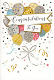 This congratulations card presents a joyful bouquet of illustrated balloons that instantly conjures up the atmosphere of a celebration in Hook, as if a party's happiest moment has been paused on paper. The balloons cluster together in soft layers, painted in metallic gold, silver, champagne, sky blue, blush pink, and gentle grey. Each one is unique: some are misted with star-shaped patterns, others glitter with tiny dots, and a few display neat stripes that add a sense of depth and texture, almost like embossed foil. Fine curls of gold and silver ribbons trail from the base of the balloons, crossing and looping in a graceful tangle that recalls the finishing touches on a florist's bouquet. Floating across the centre, a lightly curved banner carries the message Congratulations To You in elegant, flowing calligraphy, the lettering confident yet warm. Around the balloons, a flurry of tiny metallic stars, confetti-like specks, and swirling lines adds playful energy, as though the card itself is filled with quiet fireworks. The background remains soft and uncluttered, allowing the colours to shine without overwhelming the eye. The mood is uplifting and affectionate, ideal for marking exam results, a new job in the area, or a personal milestone celebrated with friends after a walk around Hook's leafy streets. As a florist selecting cards to accompany special arrangements, I imagine this design tucked beside a vase of fresh blooms, ready to be delivered to a doorstep near Hook High Street, carrying not just words but the feeling of genuine pride and shared happiness.