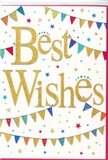 In this image, a beautifully designed Best Wishes card fills the frame, radiating cheerful elegance that would pair perfectly with a congratulatory bouquet arriving at a doorstep in Hook. The card's background is a pure, soft white, which makes the central golden lettering shine all the more. The words Best Wishes are written in graceful, looping script, embossed and layered with fine gold glitter so they glimmer gently when the light touches them, giving a sense of texture and depth that you can almost feel. Above and below the message, strings of colourful bunting sweep across in relaxed curves, like festive garlands hung between trees in a Hook garden during a summer party. Each pennant flag is small but distinctive, painted in bright primary and jewel tones-crimson, cobalt, emerald, and sunshine yellow-with playful patterns of dots, stripes, and tiny shapes that suggest a handcrafted touch. The bunting appears to sway lightly, adding a sense of motion. Scattered around the card are tiny starbursts and dotted confetti in matching colours, as if caught mid-air in the happy chaos of celebration. Despite the abundance of detail, the design feels airy and balanced, with the white background providing calm space and allowing the sentiment to remain the clear focal point. The mood is upbeat and encouraging, ideal for sending congratulations on exam results, a new chapter, or a well-earned achievement anywhere in Hook, conveying support, optimism, and the simple joy of sharing good news.