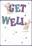 Radiating playful warmth and local charm, this get well card is brought vividly to life with two adorable characters-a teddy bear and a lively puppy-each helping to balance the vibrant, oversized letters that spell out 'Get Well.' The thrilling shades of indigo and teal leap confidently from a soft cream background, their brightness accentuated by scattered stars in varying purples and blues, much like the sparkle found in Hook's bustling High Street after rain. The bear's illustrated fur looks deliciously soft, the puppy's ears seem ready for a gentle stroke, conveying comfort so tangible you can almost feel their sweet embrace. There's an uplifting energy here, as if every brushstroke was chosen to soothe and brighten, much like a bouquet thoughtfully selected for same-day delivery to a loved one in Hook. This card delivers not just a message but a heartfelt emotional salve, ideal for bringing comfort and genuine cheer to someone on the mend.