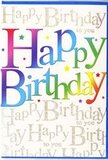 In this image, a striking birthday card stands propped as if recently placed beside a vase of fresh flowers in a Hook living room. The words Happy Birthday sweep across the centre in large, fluid lettering, each letter dressed in a rich gradient of colour that moves from dark, cherry-like red at one end through shades of magenta, tangerine, honey yellow, crisp green, and ocean blue, with hints of soft violet at the far edges. The letters appear smooth and slightly raised, suggesting a glossy finish that would shimmer gently under indoor light, much the way polished leaves or petals gleam in a well-lit florist window. The backdrop is an elegant tapestry of gold writing, Happy Birthday to you, repeating in a fine, looping script that forms a continuous pattern across the card's surface. The gold ink has a delicate, metallic sparkle, creating a sense of depth and luxury, comparable to gilded detail on special stationery or the subtle shimmer on gift wrap in a Hook boutique. Scattered lightly around the main text are tiny stars and small dots of colour, reminiscent of confetti just settling onto a table after a birthday toast. The interplay of bold rainbow hues and refined gold gives the card a balanced personality-playful yet composed, modern yet timeless. It feels appropriate for anything from a milestone celebration to a cosy family gathering, particularly when paired with a hand-tied bouquet heading to an address near the quiet streets and green spaces of Hook. The design encapsulates the essence of birthday joy: bright, heartfelt, and meant to be remembered.