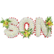 A sculpted, three-dimensional memorial spelling 'SON' formed entirely from dense clusters of small, pristine white chrysanthemums, each blossom tightly packed to create a soft, cloud-like surface that reads as both pure and solemn. The block letters sit against a clean white backdrop so that texture and shape become the image's quiet language: the chrysanthemums' petals look powdery and tactile, catching soft, even light that suggests an overcast morning at a graveside. Around the outer edges of every letter - and looping gently into the hollow centre of the 'O' - a vivid red ribbon is folded into neat scalloped loops, its satin sheen providing a deliberate, warm contrast to the matte white blooms and underscoring themes of love and remembrance. At three carefully chosen anchors of the design there are lime-green Cymbidium orchids: one nestled at the upper left curve of the 'S', another cradled at the base of the 'O', and a third placed near the upper right of the 'N'. Each orchid shows pale yellow-green petals with a delicate pale orange to reddish-brown throat, their waxy texture and cool hue adding depth against glossy green leaves and feathery fern fronds. Small sprays of mixed foliage give the letters vertical lift and a natural rhythm, the greenery's crisp scent imagined beside the gentleness of the flowers. This arrangement reads as a personalized funeral tribute - suitable for a chapel, graveside or memorial service - offering a composed, heartfelt expression of loss and love. As a local florist would say, the piece is crafted with careful hands and quiet reverence, the kind of sympathy design you might entrust to a Hook florist for a service near the village or the station.