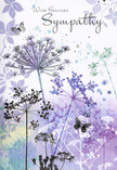This sympathy card unfolds like a soft breath of air over the fields surrounding Hook, where wildflowers sway quietly in the distance. Slender, almost ethereal stems rise from the base, each bearing a cloud of tiny, lace-like blooms arranged in classic umbel shapes. Their colours are restrained and comforting-tones of lavender, muted indigo, and pale blue touched with silvery green-so that the flowers appear to glow faintly against the background. That backdrop is a gentle watercolour wash of purples and greens, blended with no harsh boundaries, reminiscent of looking out across a meadow through slightly misted glass. Scattered among the flowers, a few butterflies drift with wings just hinted at in pale violet and soft grey, barely more than suggestions of form, as if caught mid-flight in a quiet breeze. They bring a tender sense of continuity, like the presence you still feel when thinking of someone deeply missed. The overall arrangement is intentionally airy, with plenty of space surrounding each stem and petal, echoing the silence that follows a heartfelt goodbye. As a local Hook florist, I can imagine this card resting beside a simple, elegant sympathy arrangement-cool-toned blooms and soft greenery-delivered to a family home on one of Hook's tree-lined roads. The illustration does not shout or demand attention; it offers a gentle, steady comfort. Its colours settle the mind, and its flowing lines soothe the heart, making it a thoughtful and respectful companion when sending condolences and love across the Hook community.