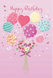 Softly illustrated birthday artwork showing a hand-tied bouquet carried upward by an airy bunch of pastel balloons, reminiscent of a joyful party in Hook. The whole composition rests on a gentle pink background, soothing and romantic, like the sky just after sunset over the local green. At the base, the bouquet is compact and full, with clustered roses and daisy-like blooms. Their colours are kept to a refined palette of cream, blush, pale peach, and muted mauve, each petal layered and lightly shaded to suggest plush, velvety textures and fresh, dewy edges. A shimmering violet bow gathers the green stems, its loops and tails slightly curved, as if caught in a soft indoor breeze during a birthday gathering. From the centre of the flowers, a cluster of balloons rises, their shapes rounded and full, some elongated, all in pastel tones of teal, minty sea green, soft yellow, gentle pink, and lavender. Each balloon has a distinct decorative touch-candy-coloured stripes winding playfully, neat rows of polka dots, swirls, and subtle floral patterns that mirror the bouquet beneath. A delicate shine runs along their surfaces, suggesting glossy material and the joy of freshly inflated balloons. Small stars and whimsical confetti-like details drift around them, enhancing the feeling of lightness and celebration. The image captures an airy, fairy-tale sense of birthday happiness, perfectly suited to sending warm wishes to someone in Hook with a love for flowers, colour, and imaginative design.