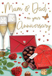 This illustrated anniversary card shows a romantic arrangement that feels both indulgent and homely, as if set on a table in a Hook living room waiting for a special toast. In the foreground, full-bloom red roses are rendered with plush, velvety petals and rich, crimson tones, nestled among fresh green leaves that add softness and life. Their colour and texture echo the feel of a hand-tied anniversary bouquet chosen with care. Slightly in front of the flowers sits an open, heart-shaped box of chocolates, lined with neat rows of truffles, each piece rounded and glossy. A generous red satin bow wraps the box, its loops and tails cascading over the edge like fabric ribbons you might smooth down before presenting a gift. Behind the chocolates, two tall champagne flutes stand side by side, filled with golden, sparkling wine. The bubbles rise delicately within the clear glass, capturing a moment just before glasses meet in a celebratory clink. Around this centrepiece, tiny crimson and gold hearts drift lightly across the card, forming a romantic frame around a gently scripted dedication to Mum & Dad. Off to one side rests a bright scarlet envelope, its pointed flap suggesting a secret message of love and appreciation tucked inside, ready to be opened at the perfect moment. A few chocolates are sketched outside the box, hinting at shared treats and unhurried conversation. The whole illustration glows with warmth and affection, like an anniversary evening at home in Hook, where flowers, fizz, and thoughtful words come together to honour years of love and shared memories.
